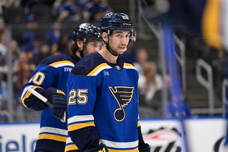 Apr 14, 2024; St. Louis, Missouri, USA; St. Louis Blues center Jordan Kyrou (25) look on against the Seattle Kraken during the third period at Enterprise Center. Mandatory Credit: Jeff Le-USA TODAY Sports