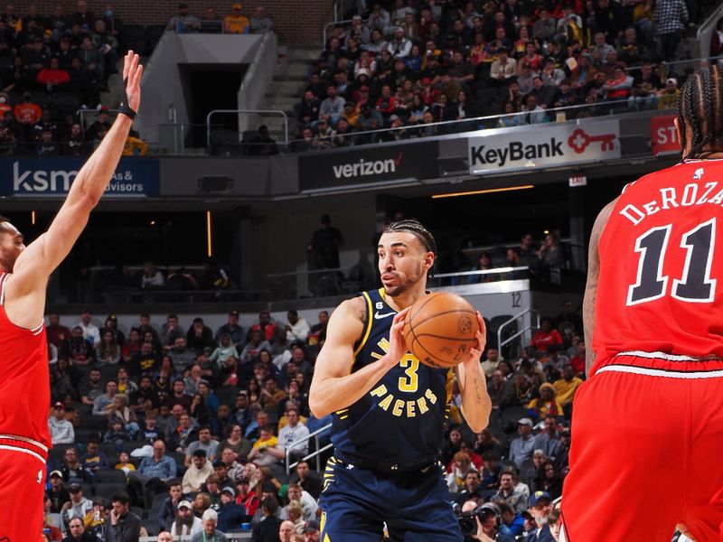 INDIANAPOLIS, IN - JANUARY 24: Chris Duarte #3 of the Indiana Pacers looks to pass the ball during the game against the Chicago Bulls on January 24, 2023 at Gainbridge Fieldhouse in Indianapolis, Indiana. NOTE TO USER: User expressly acknowledges and agrees that, by downloading and or using this Photograph, user is consenting to the terms and conditions of the Getty Images License Agreement. Mandatory Copyright Notice: Copyright 2022 NBAE (Photo by Ron Hoskins/NBAE via Getty Images)