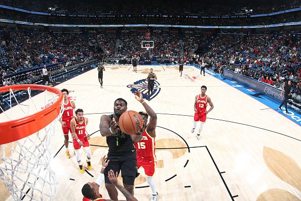 NEW ORLEANS, LA - NOVEMBER 4: Zion Williamson #1 of the New Orleans Pelicans shoots the ball during the game against the Atlanta Hawks on November 4, 2023 at the Smoothie King Center in New Orleans, Louisiana. NOTE TO USER: User expressly acknowledges and agrees that, by downloading and or using this Photograph, user is consenting to the terms and conditions of the Getty Images License Agreement. Mandatory Copyright Notice: Copyright 2023 NBAE (Photo by Layne Murdoch Jr./NBAE via Getty Images)