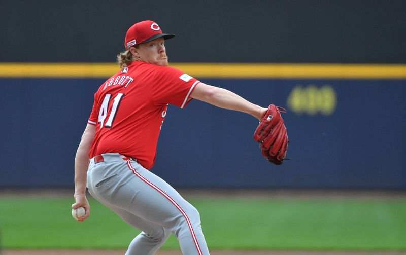 Jun 15, 2024; Milwaukee, Wisconsin, USA; Cincinnati Reds pitcher Andrew Abbott (41) delivers a pitch against the Milwaukee Brewers in the first inning at American Family Field. Mandatory Credit: Michael McLoone-USA TODAY Sports