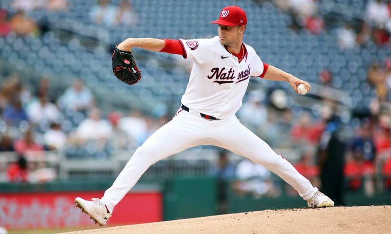 Jul 6, 2024; Washington, District of Columbia, USA; Washington Nationals pitcher MacKenzie Gore (1) throws a pitch during the first inning against the St. Louis Cardinals at Nationals Park. Mandatory Credit: Daniel Kucin Jr.-USA TODAY Sports