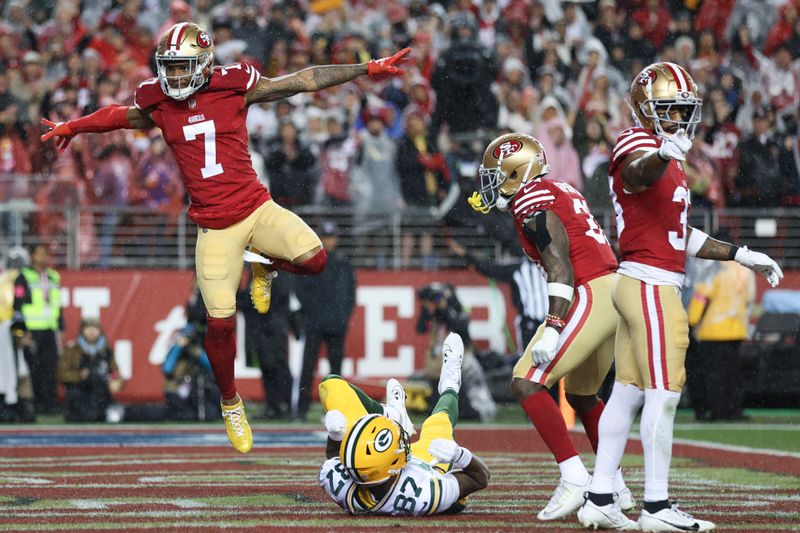 San Francisco 49ers cornerback Charvarius Ward (7) celebrates in the end zone after breaking up a pass intended for Green Bay Packers wide receiver Romeo Doubs (87) during the first half of an NFL football NFC divisional playoff game Saturday, Jan. 20, 2024, in Santa Clara, Calif. (AP Photo/Jed Jacobsohn)