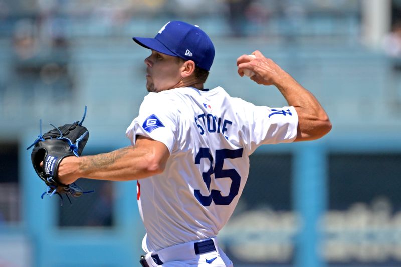 Aug 25, 2024; Los Angeles, California, USA;  Los Angeles Dodgers starting pitcher Gavin Stone (35) delivers in the first inning against the Tampa Bay Rays at Dodger Stadium. Mandatory Credit: Jayne Kamin-Oncea-USA TODAY Sports