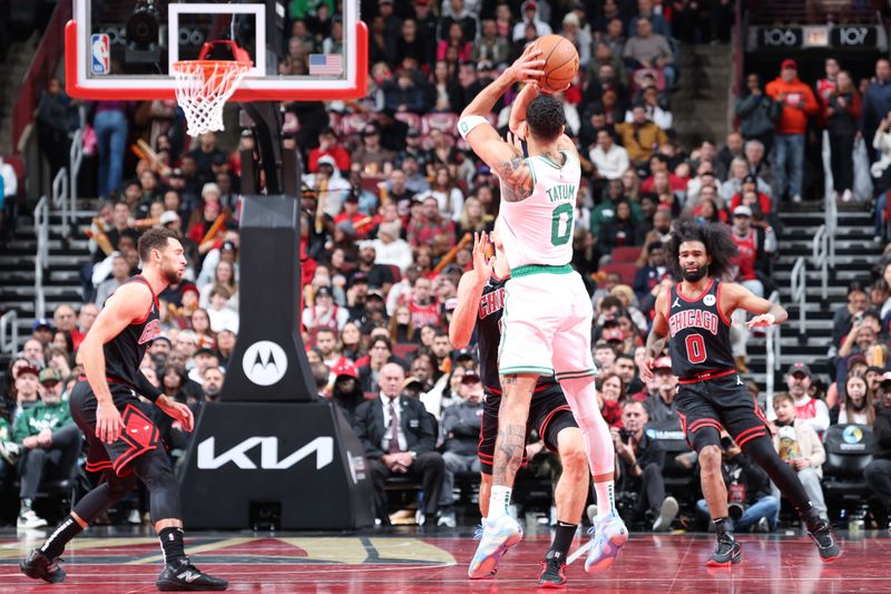 CHICAGO, IL - NOVEMBER 29: Jayson Tatum #0 of the Boston Celtics shoots the ball during the game against the Chicago Bulls during the Emirates NBA Cup game on November 29, 2024 at United Center in Chicago, Illinois. NOTE TO USER: User expressly acknowledges and agrees that, by downloading and or using this photograph, User is consenting to the terms and conditions of the Getty Images License Agreement. Mandatory Copyright Notice: Copyright 2024 NBAE (Photo by Jeff Haynes/NBAE via Getty Images)