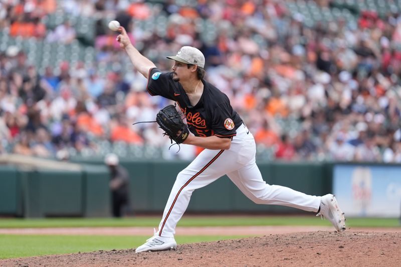 May 18, 2025; Baltimore, Maryland, USA; Baltimore Orioles pitcher Kade Strowd delivers a pitch against the Washington Nationals during the ninth inning at Oriole Park at Camden Yards. Mandatory Credit: Gregory Fisher-Imagn Images