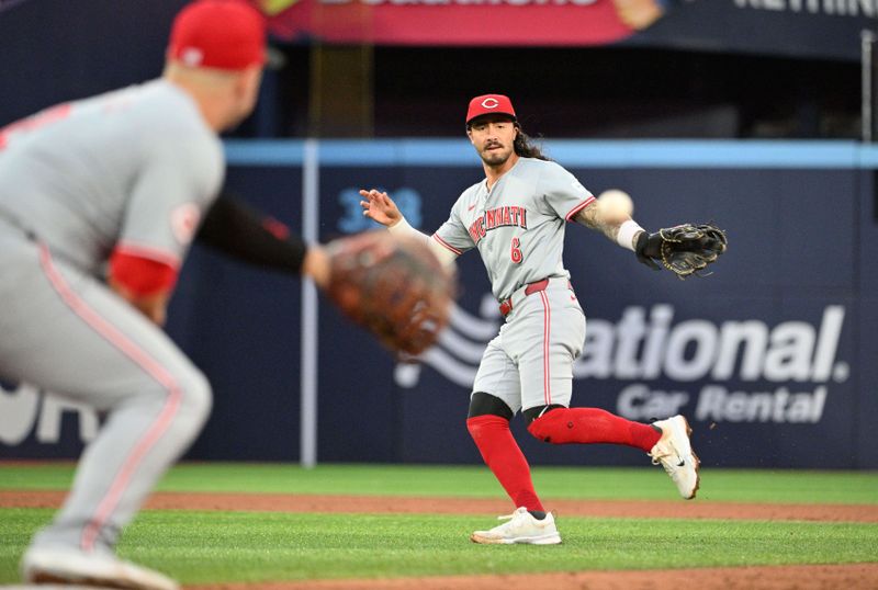 Aug 19, 2024; Toronto, Ontario, CAN; Cincinnati Reds second baseman Jonathan India (6) throws the ball to first baseman Ty France (7) to force out Toronto Blue Jays third baseman Addison Barger (not shown) in the third inning at Rogers Centre. Mandatory Credit: Dan Hamilton-USA TODAY Sports