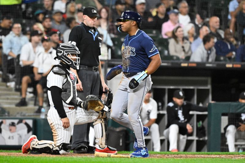 Sep 10, 2025; Chicago, Illinois, USA; Tampa Bay Rays outfielder Richie Palacios (1) scores against the Chicago White Sox during the sixth inning at Rate Field. Mandatory Credit: Matt Marton-Imagn Images