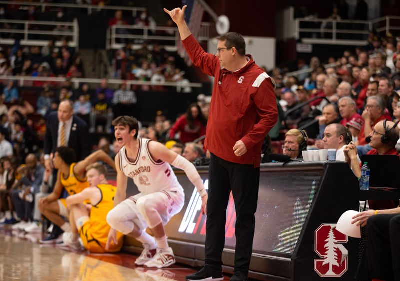 Jan 28, 2023; Stanford, California, USA; Stanford Cardinal head coach Jerod Haase signals a play to his team during the first half against the California Golden Bears at Maples Pavilion. Mandatory Credit: D. Ross Cameron-USA TODAY Sports