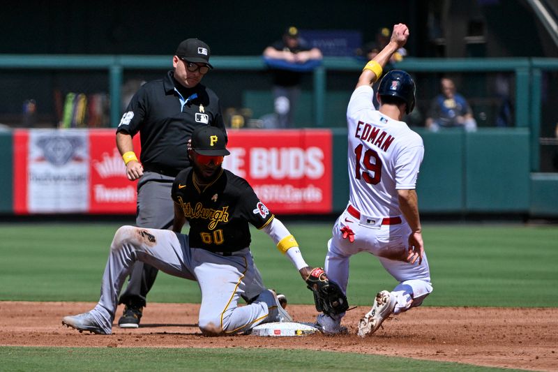 Sep 3, 2023; St. Louis, Missouri, USA;  St. Louis Cardinals shortstop Tommy Edman (19) slides safely past Pittsburgh Pirates shortstop Liover Peguero (60) for a stolen base during the second inning at Busch Stadium. Mandatory Credit: Jeff Curry-USA TODAY Sports