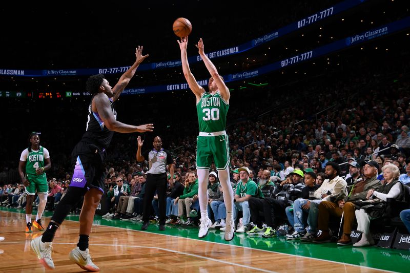 BOSTON, MA - MARCH 10: Sam Hauser #30 of the Boston Celtics shoots a three point basket against the Utah Jazz on March 10, 2025 at TD Garden in Boston, Massachusetts. NOTE TO USER: User expressly acknowledges and agrees that, by downloading and/or using this Photograph, user is consenting to the terms and conditions of the Getty Images License Agreement. Mandatory Copyright Notice: Copyright 2025 NBAE (Photo by Brian Babineau/NBAE via Getty Images)