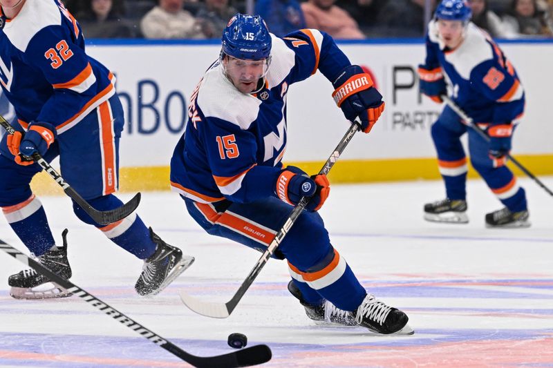 Jan 27, 2024; Elmont, New York, USA; New York Islanders right wing Cal Clutterbuck (15) skates with the puck against the Florida Panthers during the second period at UBS Arena. Mandatory Credit: Dennis Schneidler-USA TODAY Sports