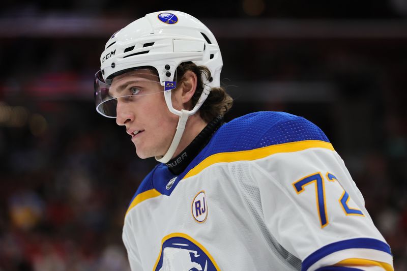 Feb 27, 2024; Sunrise, Florida, USA; Buffalo Sabres right wing Tage Thompson (72) looks on against the Florida Panthers during the second period at Amerant Bank Arena. Mandatory Credit: Sam Navarro-USA TODAY Sports