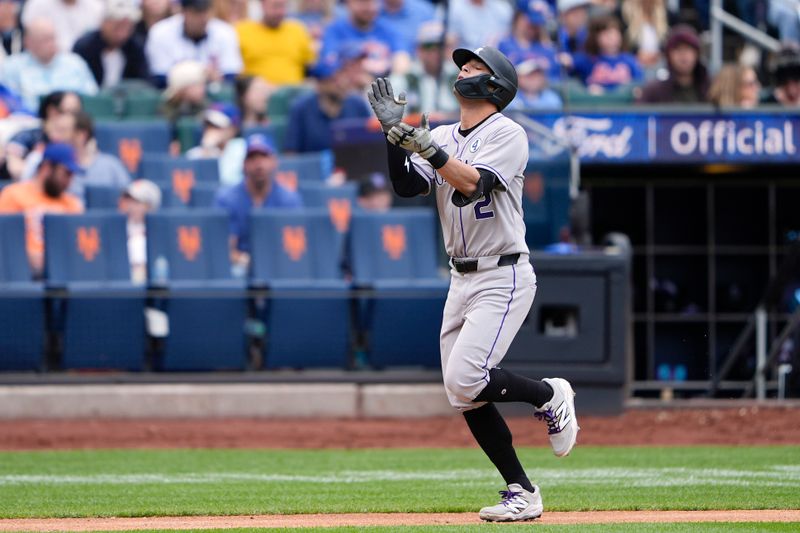 Jun 1, 2025; New York City, New York, USA; Colorado Rockies right fielder Tyler Freeman (2) reacts to hitting a home run against the New York Mets during the fifth inning at Citi Field. Mandatory Credit: Gregory Fisher-Imagn Images