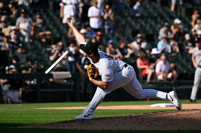 Jun 28, 2025; Chicago, Illinois, USA; Chicago White Sox relief pitcher Grant Taylor (31) delivers a pitch during the ninth inning against the San Francisco Giants at Rate Field. Mandatory Credit: Matt Marton-Imagn Images
