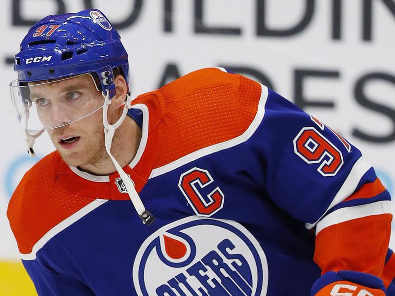 Oct 7, 2022; Edmonton, Alberta, CAN; Edmonton Oilers forward Connor McDavid (97) skates during warmups before the game against the Seattle Kraken at Rogers Place. Mandatory Credit: Perry Nelson-USA TODAY Sports