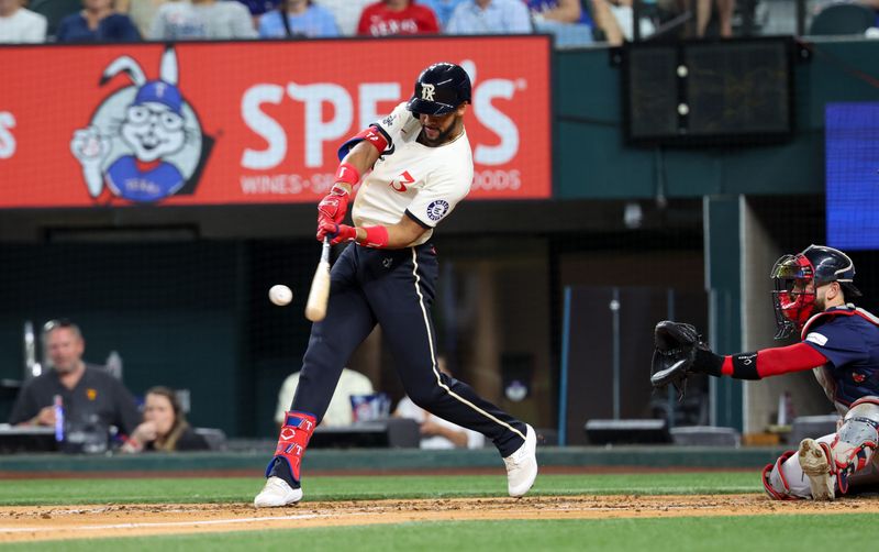 Aug 2, 2024; Arlington, Texas, USA; Texas Rangers center fielder Leody Taveras (3) hits a home run during the third inning against the Boston Red Sox at Globe Life Field. Mandatory Credit: Kevin Jairaj-USA TODAY Sports