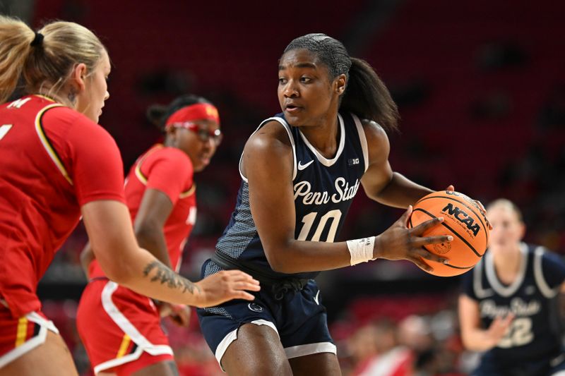 Feb 18, 2024; College Park, Maryland, USA;  Penn State Nittany Lions forward Chanaya Pinto (10) holds the ball during the first half against the Maryland Terrapins at Xfinity Center. Mandatory Credit: Tommy Gilligan-USA TODAY Sports