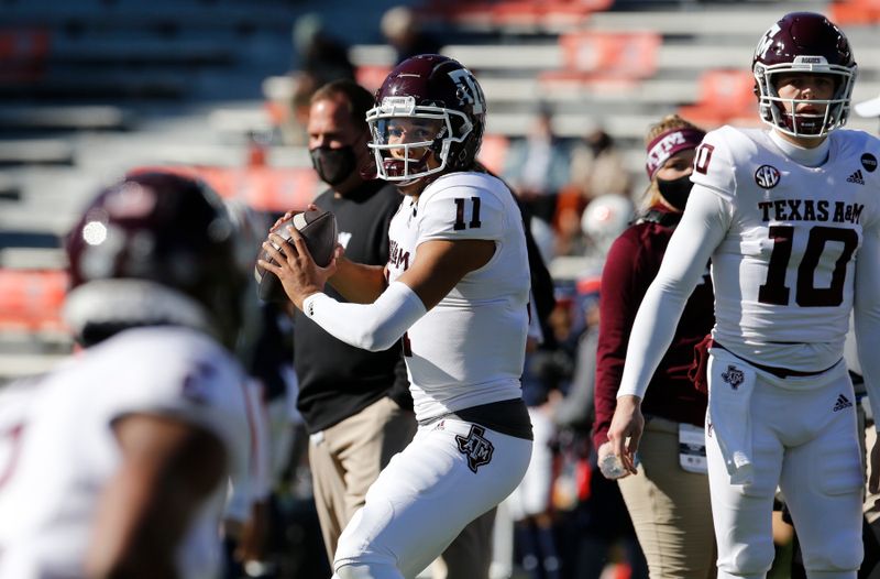 Dec 5, 2020; Auburn, Alabama, USA;  Texas A&M Aggies quarterback Kellen Mond (11) warms up before the game against the Auburn Tigers at Jordan-Hare Stadium. Mandatory Credit: John Reed-USA TODAY Sports