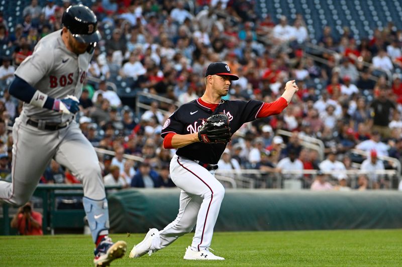 Aug 16, 2023; Washington, District of Columbia, USA; Washington Nationals starting pitcher MacKenzie Gore (1) throws out Boston Red Sox shortstop Trevor Story (10) during the second inning at Nationals Park. Mandatory Credit: Brad Mills-USA TODAY Sports