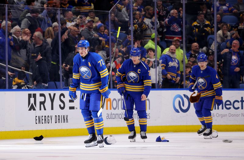 Jan 28, 2025; Buffalo, New York, USA;  Buffalo Sabres center Tage Thompson (72) reacts after scoring his third goal of the game during the third period against the Boston Bruins at KeyBank Center. Mandatory Credit: Timothy T. Ludwig-Imagn Images