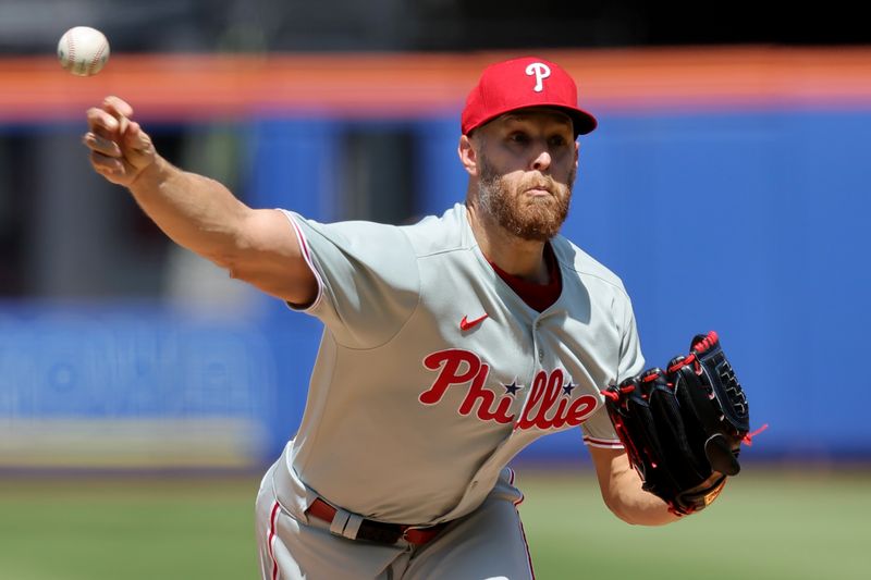 Apr 23, 2025; New York City, New York, USA; Philadelphia Phillies starting pitcher Zack Wheeler (45) pitches against the New York Mets during the third inning at Citi Field. Mandatory Credit: Brad Penner-Imagn Images