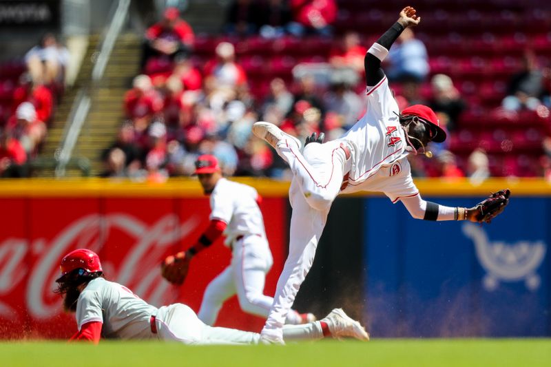 Apr 25, 2024; Cincinnati, Ohio, USA; Philadelphia Phillies outfielder Brandon Marsh (16) steals second against Cincinnati Reds shortstop Elly De La Cruz (44) in the sixth inning at Great American Ball Park. Mandatory Credit: Katie Stratman-USA TODAY Sports