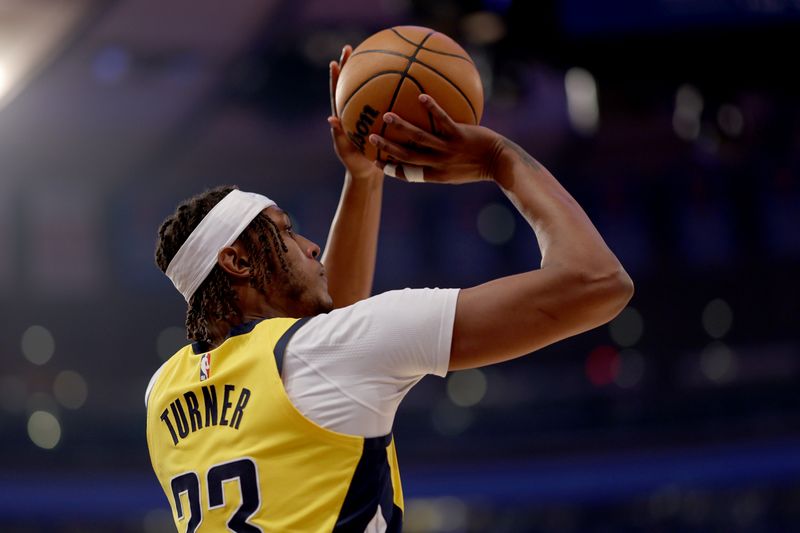 NEW YORK, NEW YORK - MAY 19: Myles Turner #33 of the Indiana Pacers attempts a shot in the first quarter against the New York Knicks in Game Seven of the Eastern Conference Second Round Playoffs at Madison Square Garden on May 19, 2024 in New York City. NOTE TO USER: User expressly acknowledges and agrees that, by downloading and or using this photograph, User is consenting to the terms and conditions of the Getty Images License Agreement. (Photo by Elsa/Getty Images)