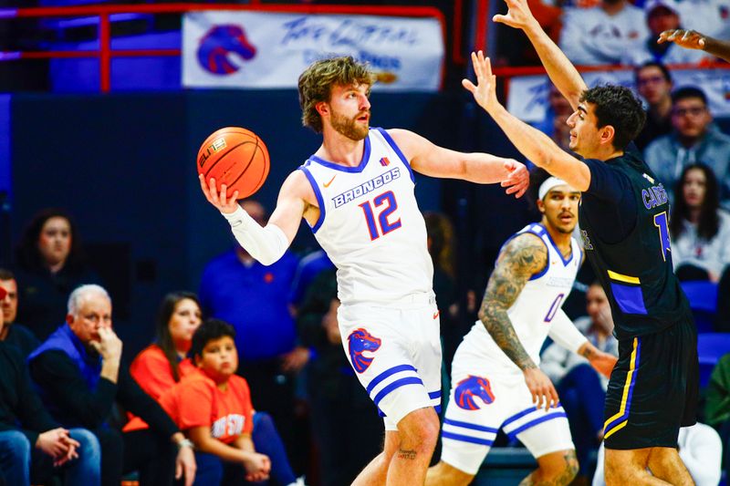 Feb 20, 2024; Boise, Idaho, USA;  Boise State Broncos guard Max Rice (12) during the first half against the San Jose State Spartans at ExtraMile Arena. Mandatory Credit: Brian Losness-USA TODAY Sports