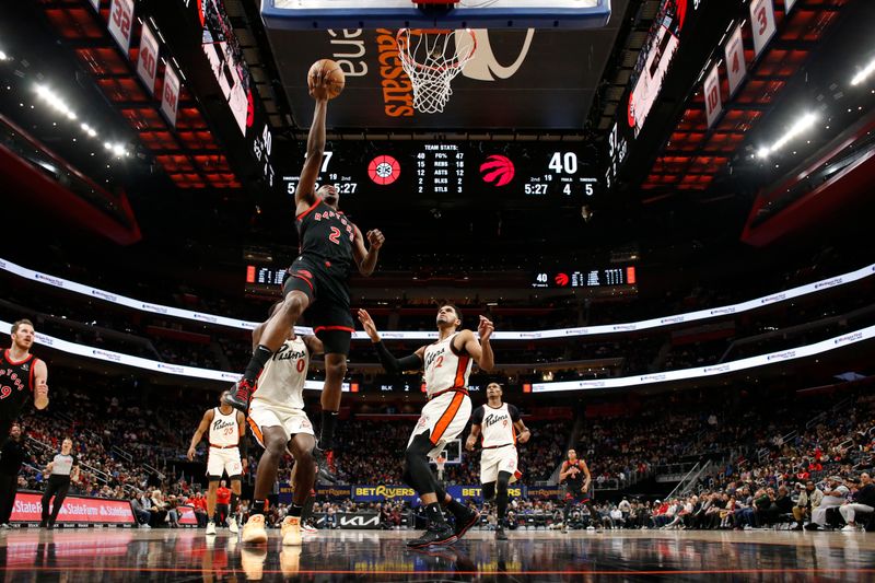 DETROIT, MI - NOVEMBER 25:  Jonathan Mogbo #2 of the Toronto Raptors shoots the ball during the game against the Detroit Pistons on November 25, 2024 at Little Caesars Arena in Detroit, Michigan. NOTE TO USER: User expressly acknowledges and agrees that, by downloading and/or using this photograph, User is consenting to the terms and conditions of the Getty Images License Agreement. Mandatory Copyright Notice: Copyright 2024 NBAE (Photo by Brian Sevald/NBAE via Getty Images)