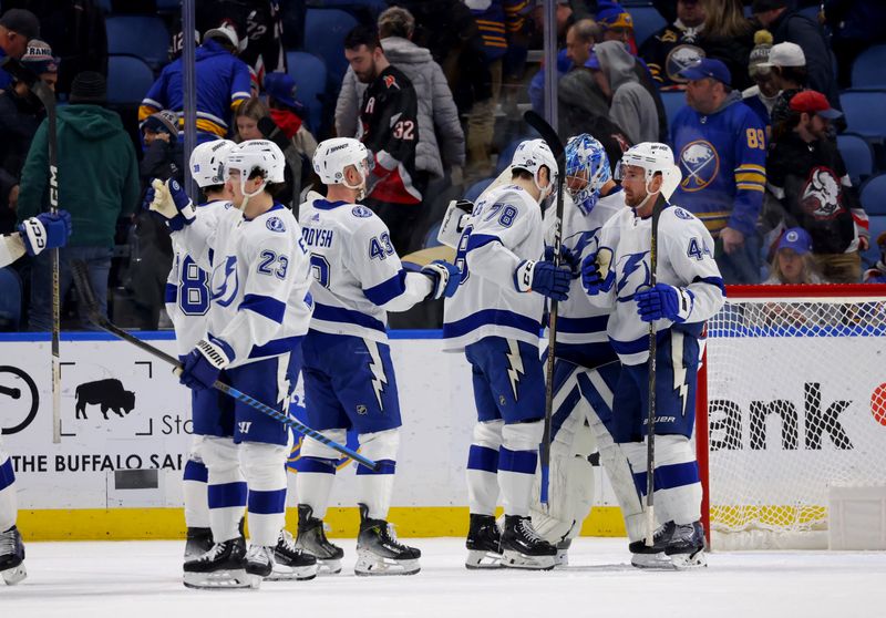 Jan 20, 2024; Buffalo, New York, USA;  The Tampa Bay Lightning celebrate a win over the Buffalo Sabres at KeyBank Center. Mandatory Credit: Timothy T. Ludwig-USA TODAY Sports