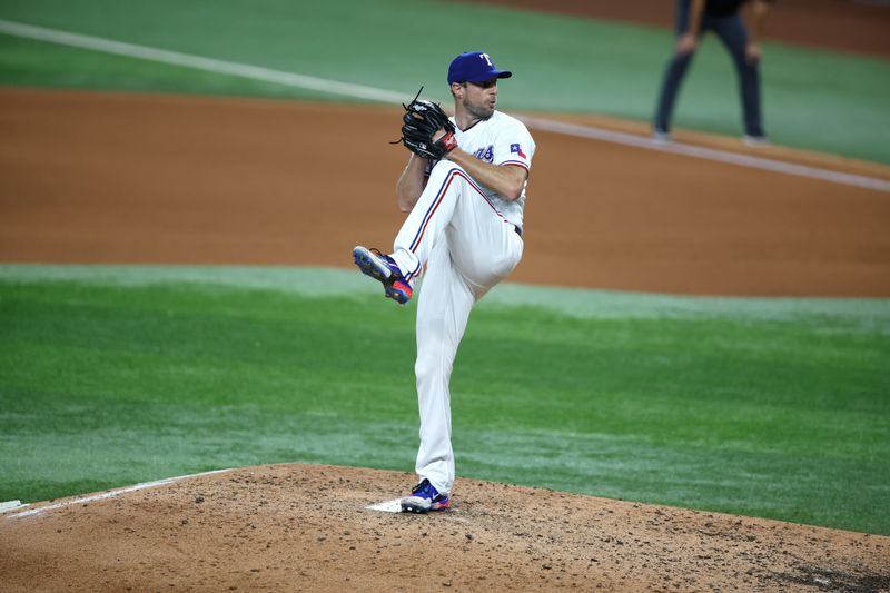 Aug 14, 2023; Arlington, Texas, USA; Texas Rangers starting pitcher Max Scherzer (31) throws a pitch in the fourth inning against the Los Angeles Angels at Globe Life Field. Mandatory Credit: Tim Heitman-USA TODAY Sports