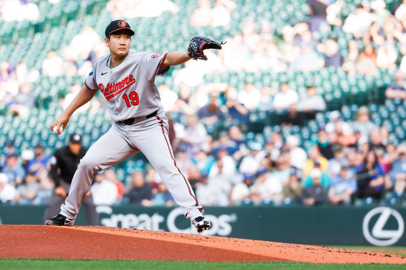 Jun 3, 2025; Seattle, Washington, USA; Baltimore Orioles starting pitcher Tomoyuki Sugano (19) throws against the Seattle Mariners during the first inning at T-Mobile Park. Mandatory Credit: Joe Nicholson-Imagn Images