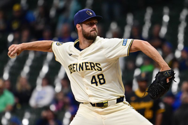 May 13, 2024; Milwaukee, Wisconsin, USA; Milwaukee Brewers pitcher Bryse Wilson (46) throws a pitch in the first inning against the Pittsburgh Pirates at American Family Field. Mandatory Credit: Benny Sieu-USA TODAY Sports