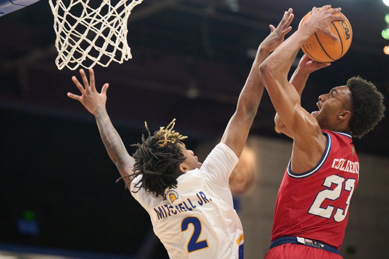 Feb 6, 2024; San Jose, California, USA; Fresno State Bulldogs guard Leo Colimerio (23) shoots the ball against San Jose State Spartans guard Rickey Mitchell Jr. (2) during the first half at Provident Credit Union Event Center. Mandatory Credit: Robert Edwards-USA TODAY Sports