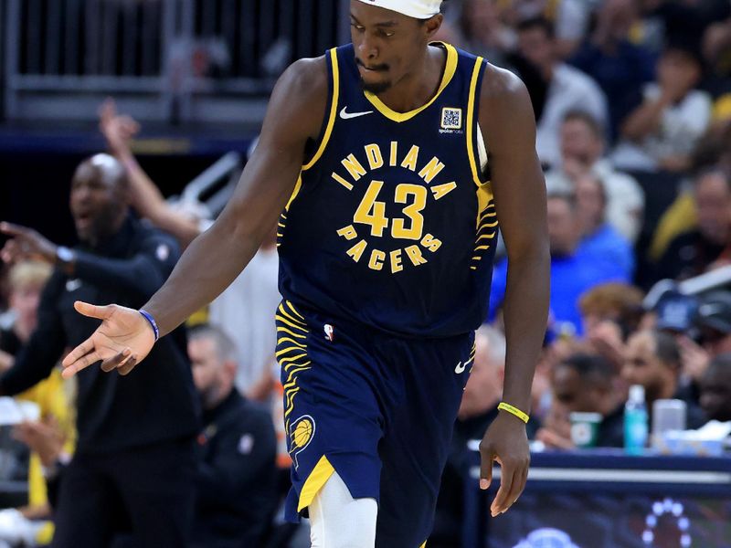 INDIANAPOLIS, INDIANA - OCTOBER 30:  Pascal Siakam #43 of the Indiana Pacers reacts after a three pointer during the first half  against the Boston Celtics at Gainbridge Fieldhouse on October 30, 2024 in Indianapolis, Indiana. NOTE TO USER: User expressly acknowledges and agrees that, by downloading and or using this photograph, User is consenting to the terms and conditions of the Getty Images License Agreement. (Photo by Justin Casterline/Getty Images)