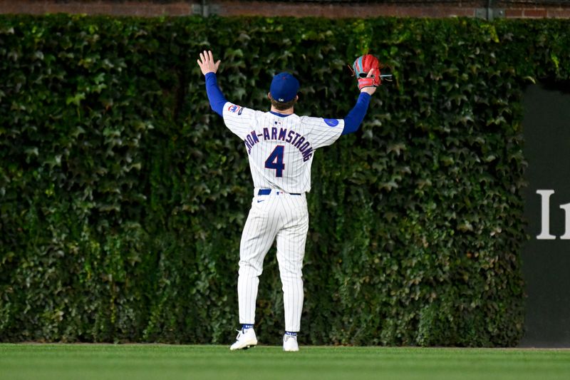 Sep 24, 2025; Chicago, Illinois, USA;  Chicago Cubs outfielder Pete Crow-Armstrong (4) waves to fans after the game against the New York Mets at Wrigley Field. Mandatory Credit: Matt Marton-Imagn Images