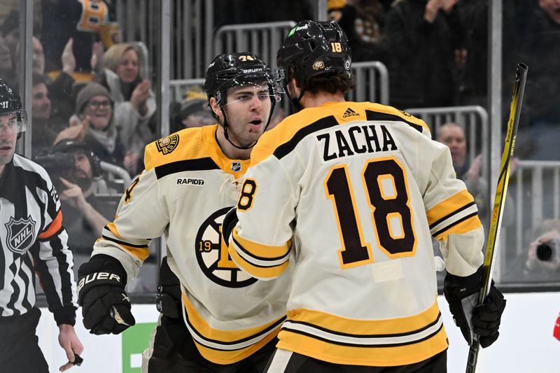 Jan 20, 2024; Boston, Massachusetts, USA; Boston Bruins left wing Jake DeBrusk (74) celebrates with center Pavel Zacha (18) after scoring a goal against the Montreal Canadiens during the first period at the TD Garden. Mandatory Credit: Brian Fluharty-USA TODAY Sports