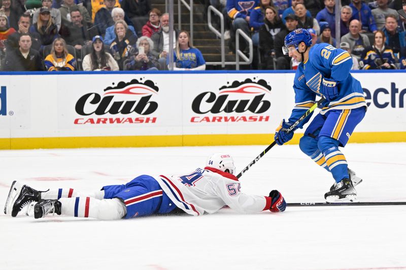 Nov 4, 2023; St. Louis, Missouri, USA; Montreal Canadiens defenseman Jordan Harris (54) slides against St. Louis Blues center Jordan Kyrou (25) during the second period at Enterprise Center. Mandatory Credit: Jeff Le-USA TODAY Sports