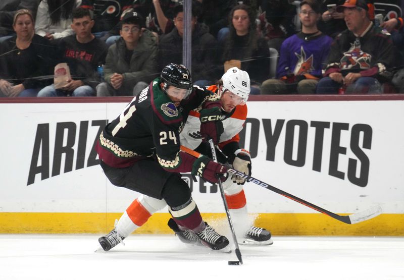 Dec 7, 2023; Tempe, Arizona, USA; Arizona Coyotes defenseman Matt Dumba (24) and Philadelphia Flyers left wing Joel Farabee (86) battle for the puck during the first period at Mullett Arena. Mandatory Credit: Joe Camporeale-USA TODAY Sports