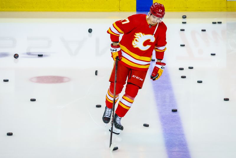 Apr 18, 2024; Calgary, Alberta, CAN; Calgary Flames center Yegor Sharangovich (17) controls the puck during the warmup period against the San Jose Sharks at Scotiabank Saddledome. Mandatory Credit: Sergei Belski-USA TODAY Sports