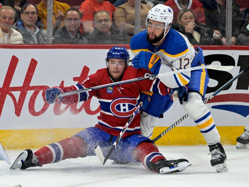 Feb 21, 2024; Montreal, Quebec, CAN; Buffalo Sabres forward Jordan Greenway (12) checks Montreal Canadiens forward Joshua Roy (89) during the first period at the Bell Centre. Mandatory Credit: Eric Bolte-USA TODAY Sports