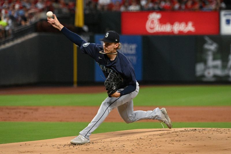 Sep 6, 2024; St. Louis, Missouri, USA; Seattle Mariners starting pitcher Bryce Miller (50) pitches against the St. Louis Cardinals in the first inning at Busch Stadium. Mandatory Credit: Joe Puetz-Imagn Images