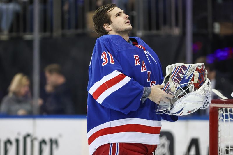 Apr 7, 2024; New York, New York, USA;  New York Rangers goaltender Igor Shesterkin (31) takes to the ice at the start of the first period against the Montreal Canadiens at Madison Square Garden. Mandatory Credit: Wendell Cruz-USA TODAY Sports