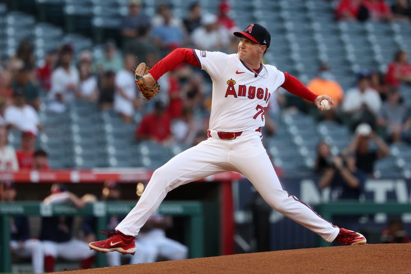 Jul 25, 2024; Anaheim, California, USA;  Los Angeles Angels starting pitcher Kenny Rosenberg (78) pitches during the first inning against the Oakland Athletics at Angel Stadium. Mandatory Credit: Kiyoshi Mio-USA TODAY Sports