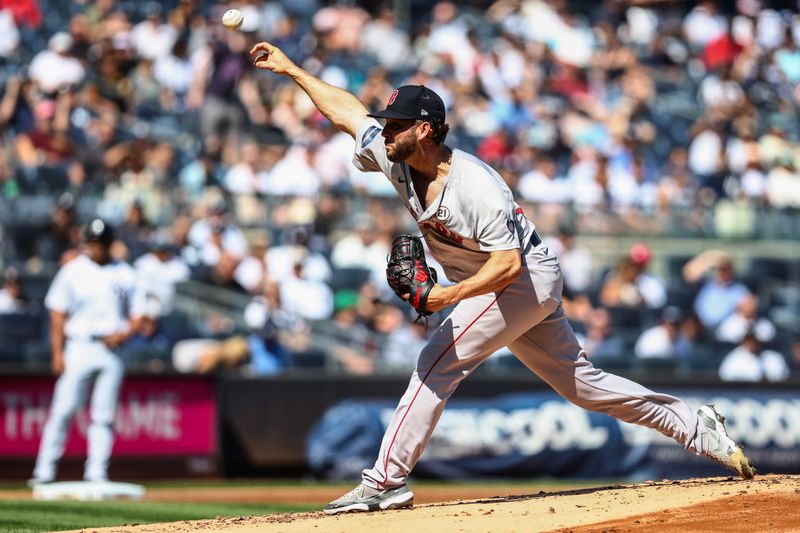 Sep 15, 2024; Bronx, New York, USA;  Boston Red Sox starting pitcher Kutter Crawford (50) pitches in the first inning against the New York Yankees at Yankee Stadium. Mandatory Credit: Wendell Cruz-Imagn Images