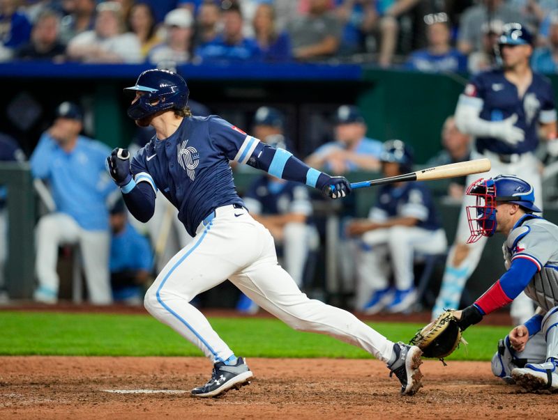 May 3, 2024; Kansas City, Missouri, USA; Kansas City Royals shortstop Bobby Witt Jr. (7) hits an RBI single against the Texas Rangers during the seventh inning at Kauffman Stadium. Mandatory Credit: Jay Biggerstaff-USA TODAY Sports