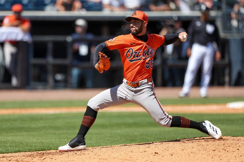 Mar 11, 2025; Tampa, Florida, USA; Baltimore Orioles pitcher Cionel Perez (58) throws a pitch against the New York Yankees in the fifth inning during spring training at George M. Steinbrenner Field. Mandatory Credit: Nathan Ray Seebeck-Imagn Images