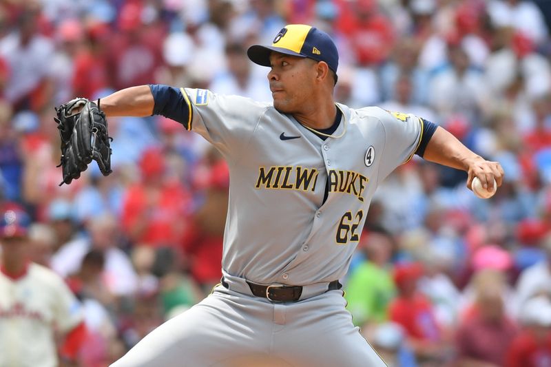 Jun 1, 2025; Philadelphia, Pennsylvania, USA; Milwaukee Brewers pitcher Jose Quintana (62) throws a pitch during the second inning against the Philadelphia Phillies at Citizens Bank Park. Mandatory Credit: Eric Hartline-Imagn Images