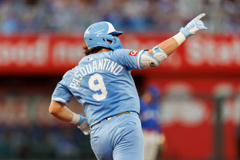 Sep 20, 2025; Kansas City, Missouri, USA; Kansas City Royals first base Vinnie Pasquantino (9) rounds the bases after hitting a home run during the fourth inning against the Toronto Blue Jays at Kauffman Stadium. Mandatory Credit: William Purnell-Imagn Images