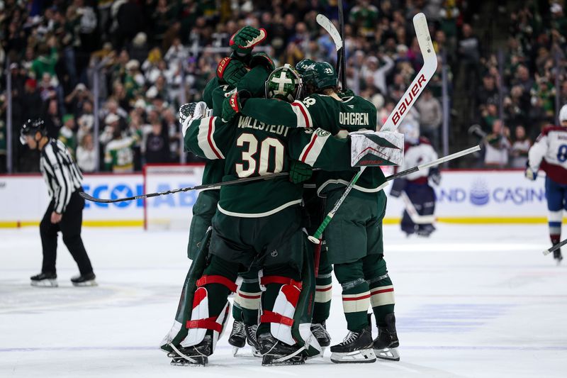 Nov 28, 2025; Saint Paul, Minnesota, USA; Minnesota Wild goaltender Jesper Wallstedt (30) celebrates the teams shootout win against the Colorado Avalanche at Grand Casino Arena. Mandatory Credit: Matt Krohn-Imagn Images